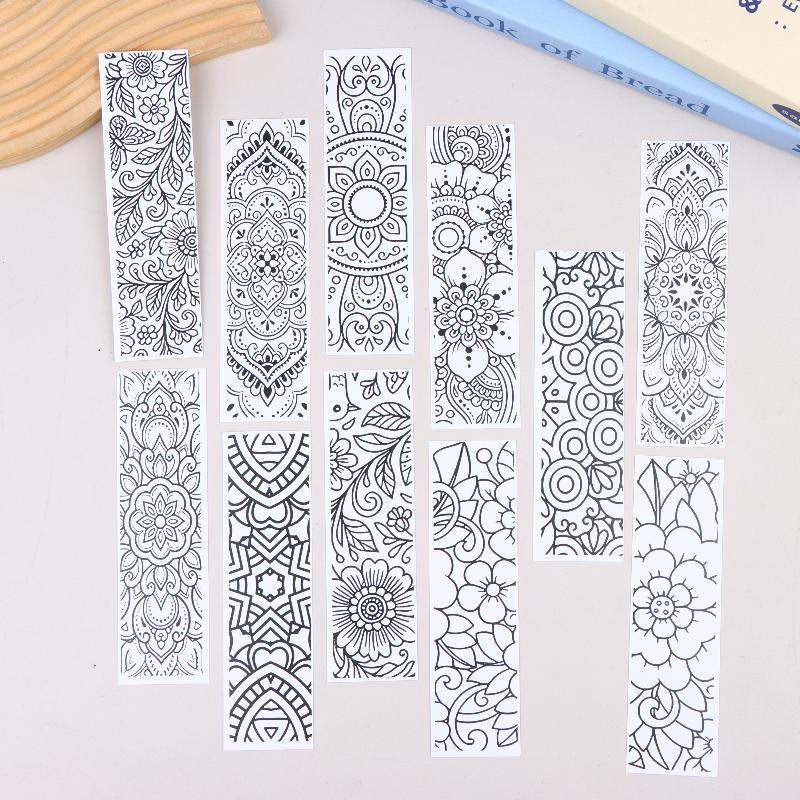 32 Stück Blumenmuster Mal-Lesezeichen DIY Leere Schwarzlinien-Zeichen-Lesezeichen für Kinder Erwachsene Stressabbau Lesezubehör