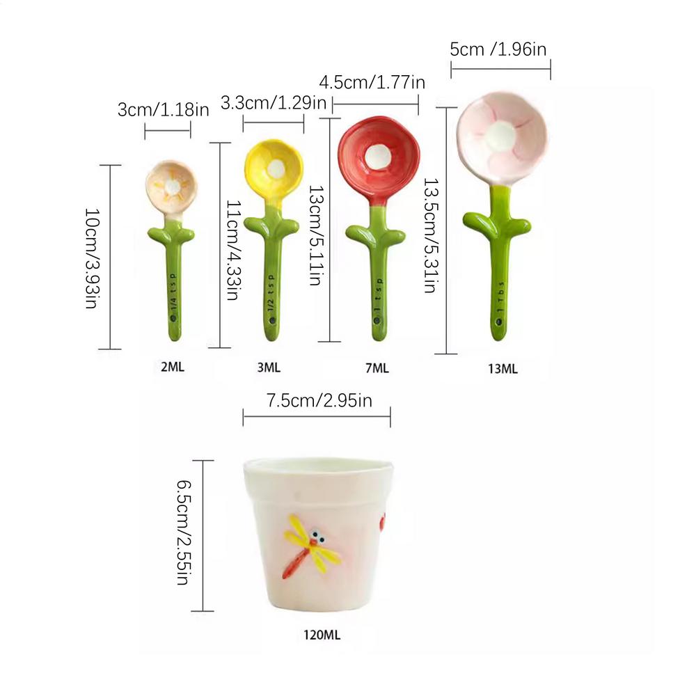 Cute Flower Measuring Spoon Set Decorative Ceramic Floral Novelty Gadgets Set Baking Measuring Spoon For Cooking Baking Coffee