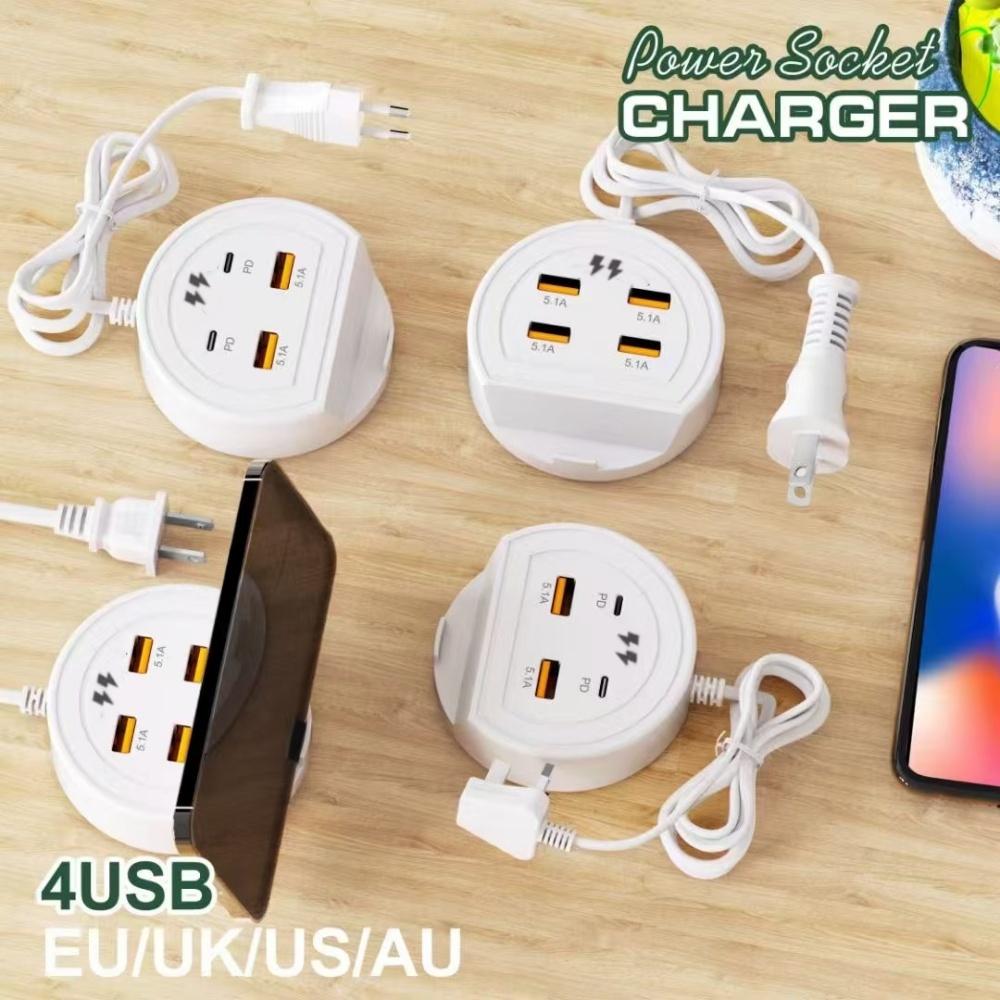 5.1A 4 Ports Multifunction USB Desktop Power Strip Holder EU/US/UK Plug USB Type C Quick Charging Socket For Phone Tablet Laptop