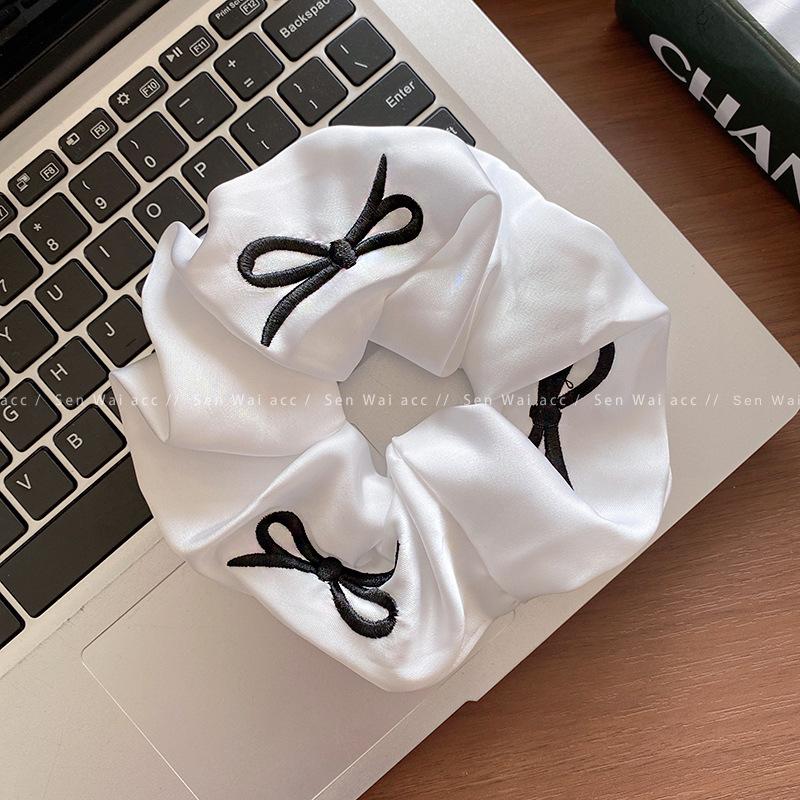 Korean Style Simple Satin Embroidery Bow Hair Band Black and White Ponytail Hair Accessories