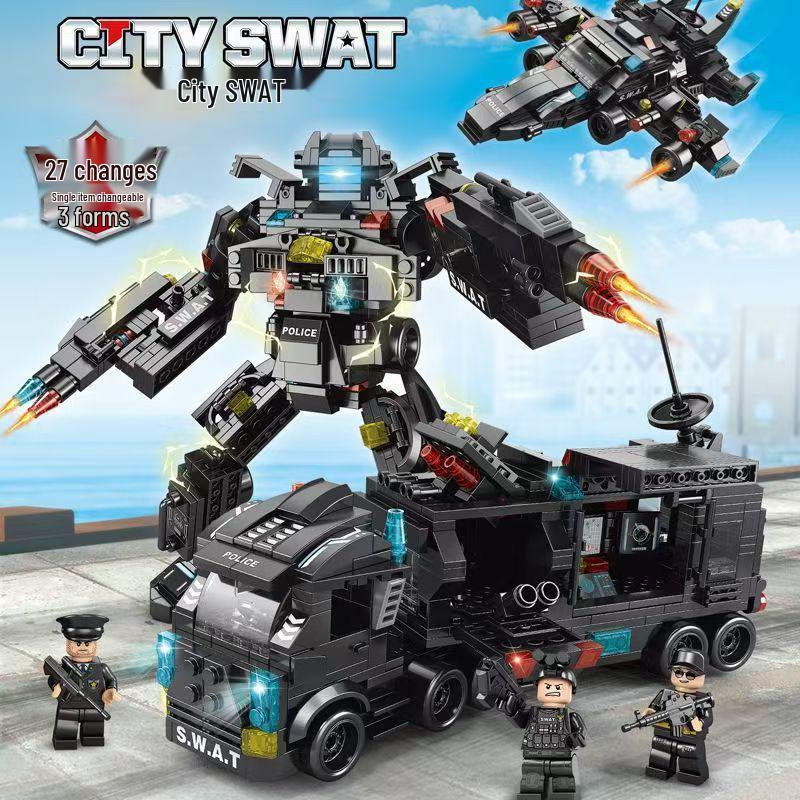 Lele Brothers Black Eagle Police Mech Vehicle, 51-in-1, Compatible with Lego Building Blocks, Assembly Toy for Boys