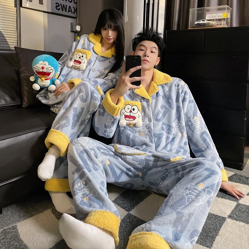 Coral Fleece Couple Pajamas Set Cartoon Lined Zip Sleepwear Men Women