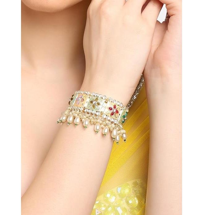 Mehrfarbiges Emaille Kundan & Perlen Ethnisches Armband für Damen
