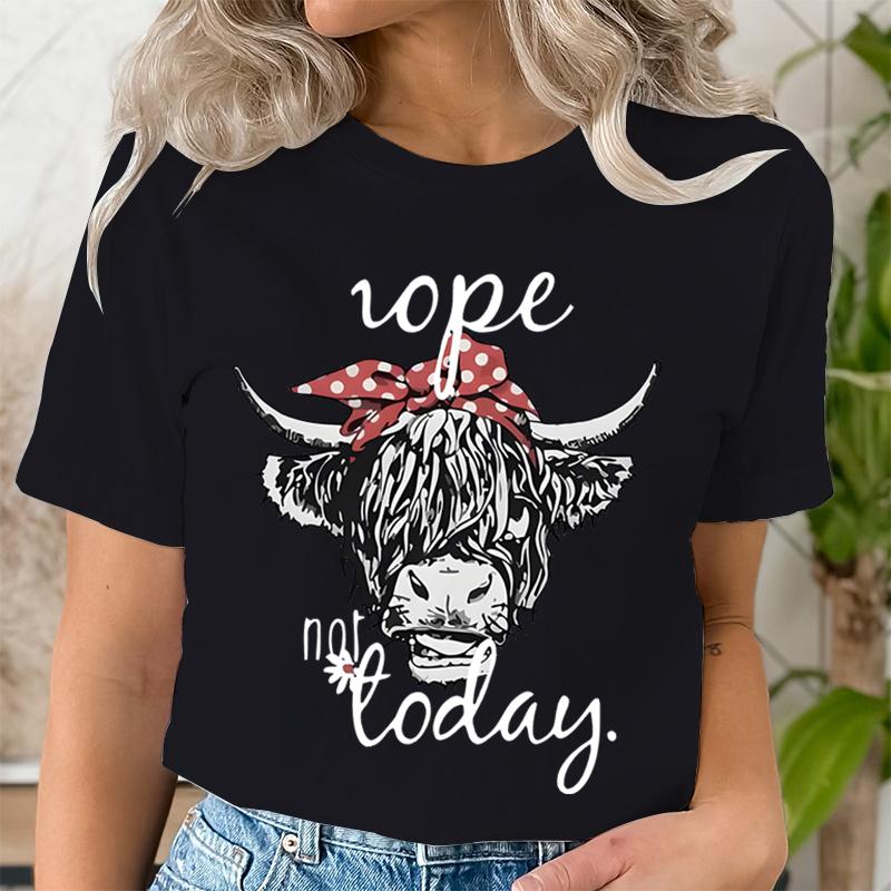 Women Funny T Shirts Cute Hairy Scottish Highland Cow TShirt Round Neck Casual Tops Women Cow Head  Letter Print Short Tshirt