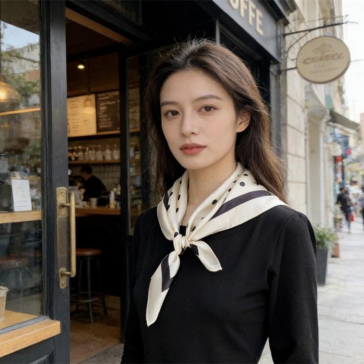 Black and white temperament polka dot versatile mulberry silk scarf women's satin silk 71 square scarf spring and summer scarf silk scarf