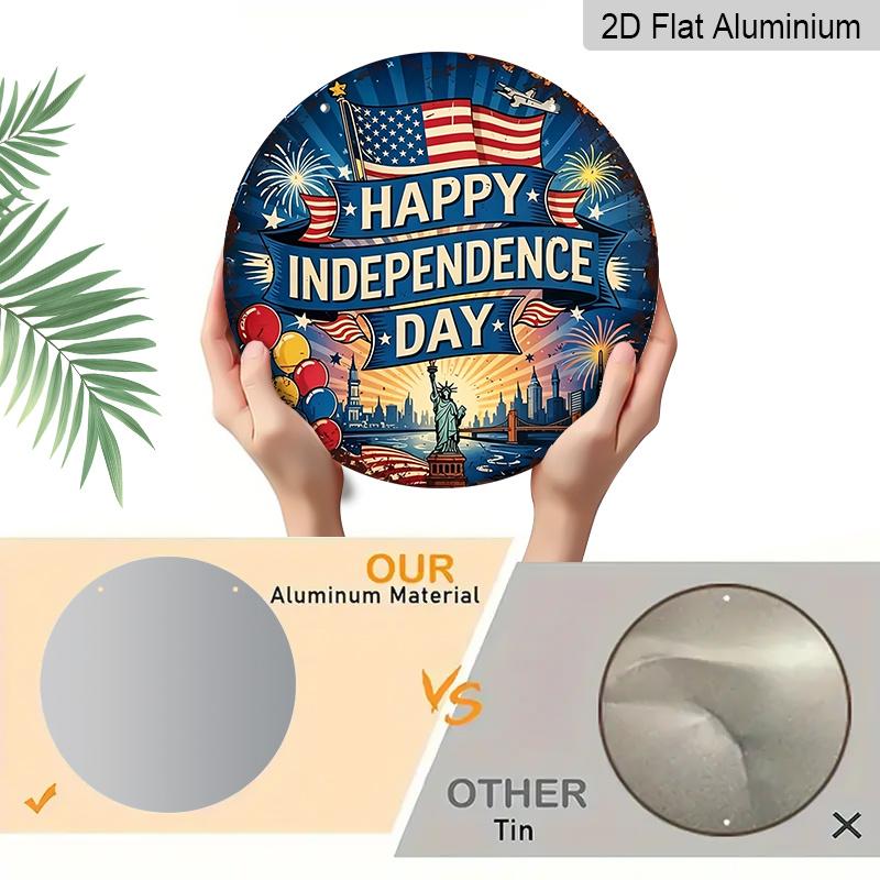 2D Flat, 1pc Round Aluminum "Happy Independence Day" Sign, Patriotic USA Flag & Statue of Liberty Metal Plaque, Vintage Distressed Style, Perfect for