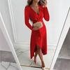 women's Solid Color Satin Wrap V Neck Long Sleeve Ruched High Slit Irregular Hem Maxi Dress Party Evening Dress