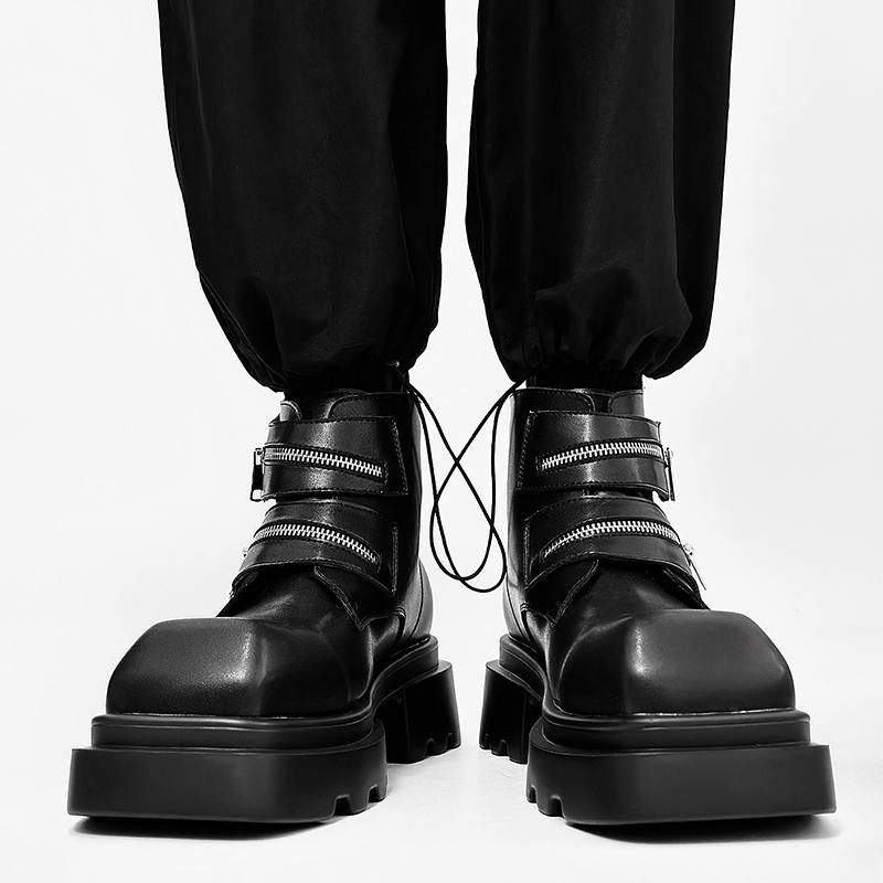 Fashion Derby Black Men's Boots Fashion Thick Bottom Height Increasing Style Outdoor Leisure Party Daily Trendy Youth Leather Shoes Hot