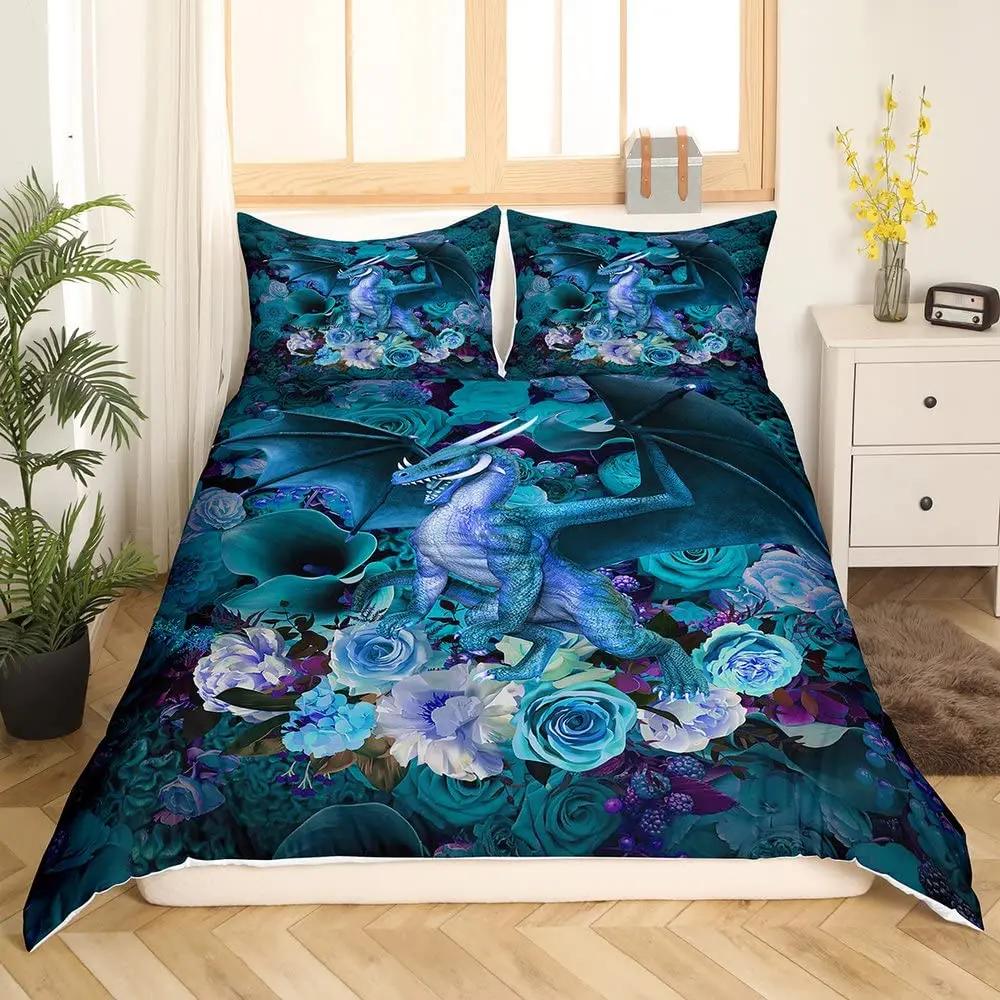 Rose Soft Duvet Cover Set, Rose From Blue Flame Print,Valentine's Day Soft Duvet Cover Set, Warm Comforter Cover Floral Beding Set,Pilowcase