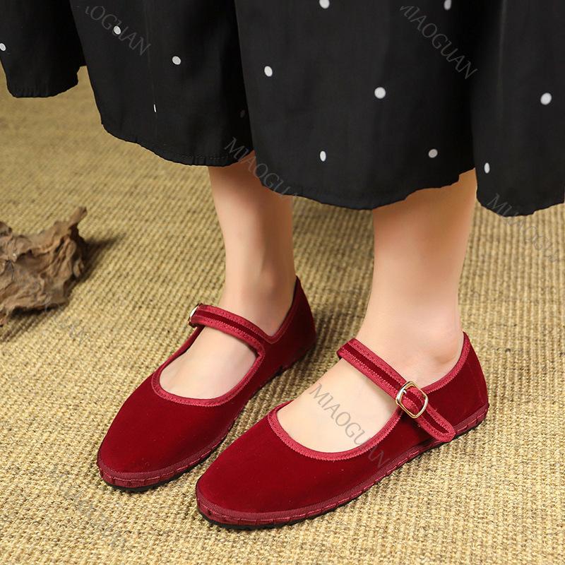 Fashion Retro Flat Suede Shoes for Women Casual Spring Belt Buckle Strap Women's Flats Solid Round Toe Shallow Soft Bottom Ladies Shoes