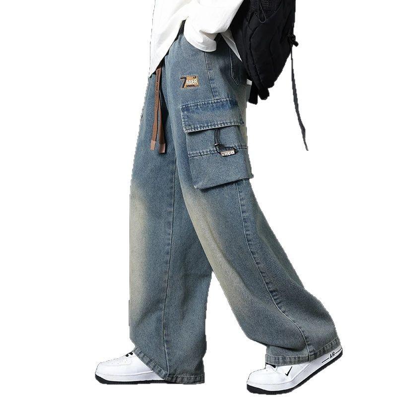 Summer Men's Straight Jeans Multi-Pockets Wide Leg Denim Cargo Pants Lightweight Baggy Jeans Trousers