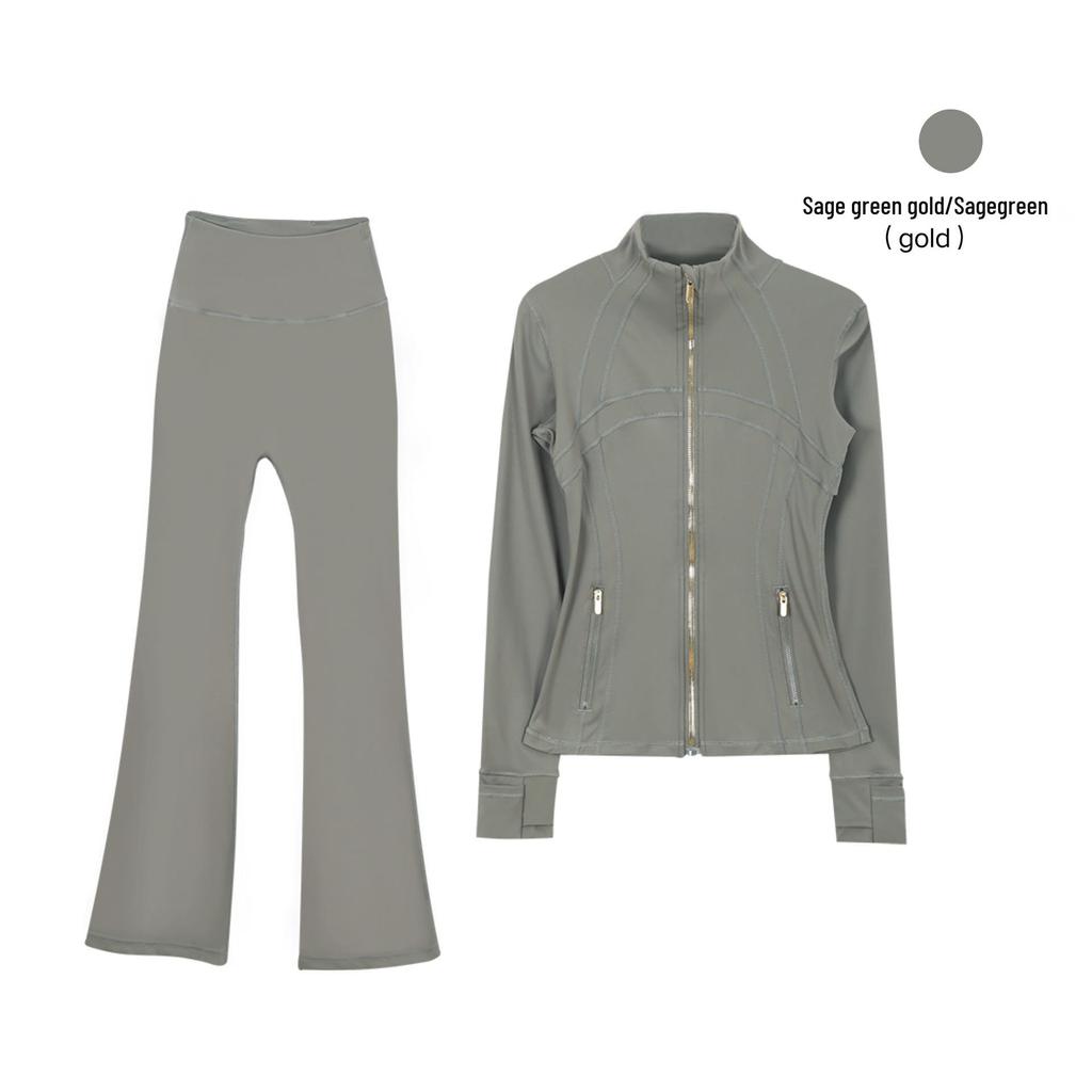 In Stock: Women's Gold Jacket & Flare Pants - High Stretch, Slimming Sports Yoga Set