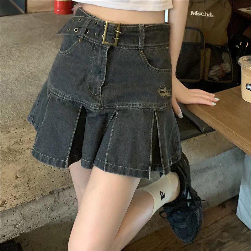 

Women s High Waist A-Line Denim Midi Skirt - American Pleated, Japanese-Inspired, Hip-Hugging Style for Summer 2024 M