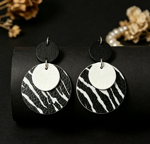 Elegant Leather Earrings with Geometric Zebra Print