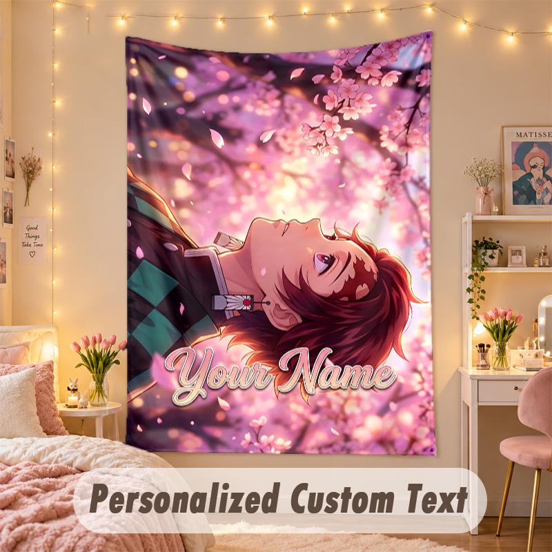 Custom Personalized Tapestry,Demon Slayer Print Custom Name Text Wall Art Hanging for Bedroom
