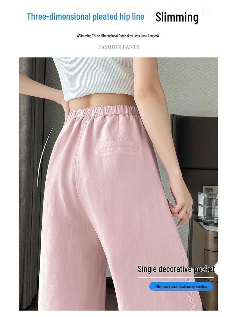 2026 Summer Tencel Linen High-Waisted Wide-Leg Lace Pants for Women