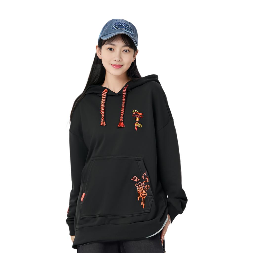 Li Ning Sports Lifestyle Serie Musterbesticktes Einfarbiges Kapuzen-Pullover-Sweatshirt Damen Sweatshirt Schwarz AWDS372-3