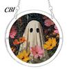 Clear Acrylic Halloween Hanging Suncatcher Jigsaw Puzzle Set, Spooky Ghost Floral Meadow Window Ornament with Metal Lightweight Frame & Chain,