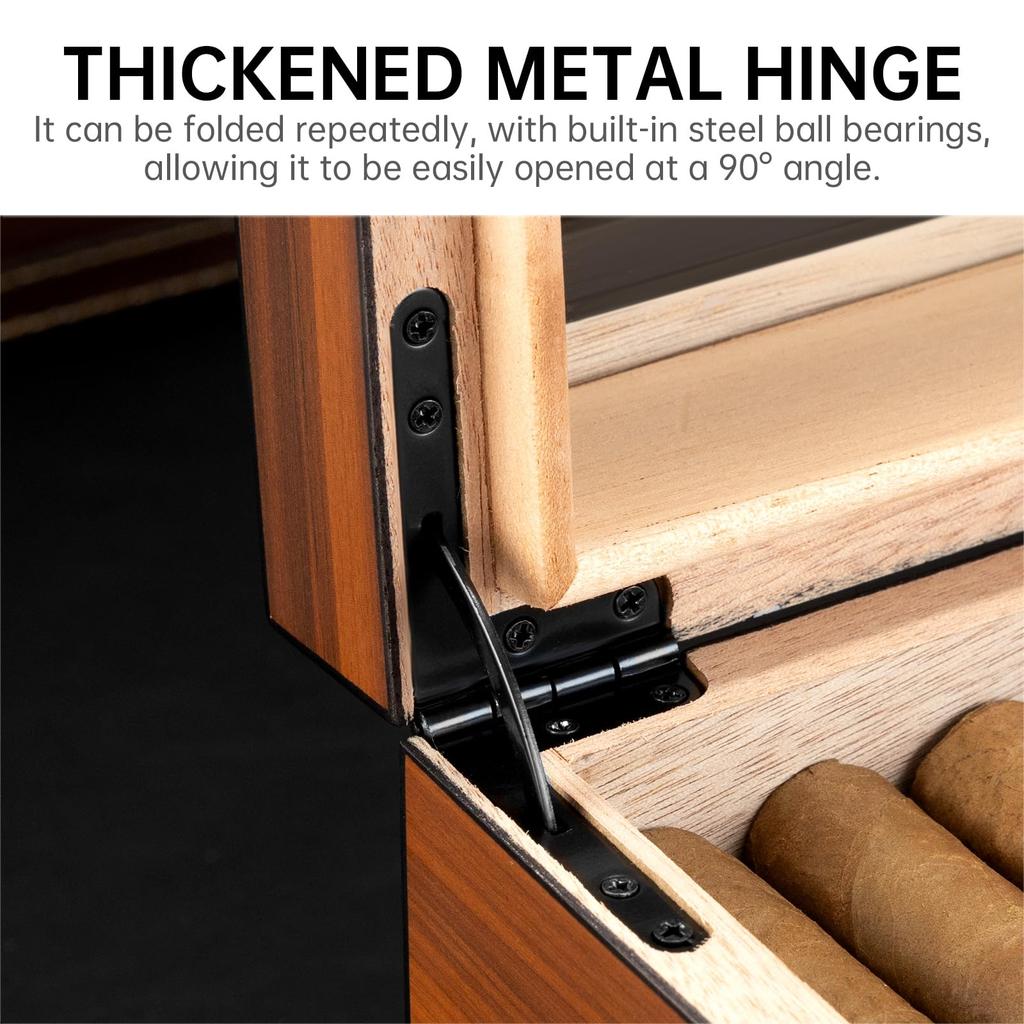 Cedar wood cigar humidor with digital hygrometer and humidifier, safety lock, cigar accessory storage drawer, and sealed humidor box cabinet with