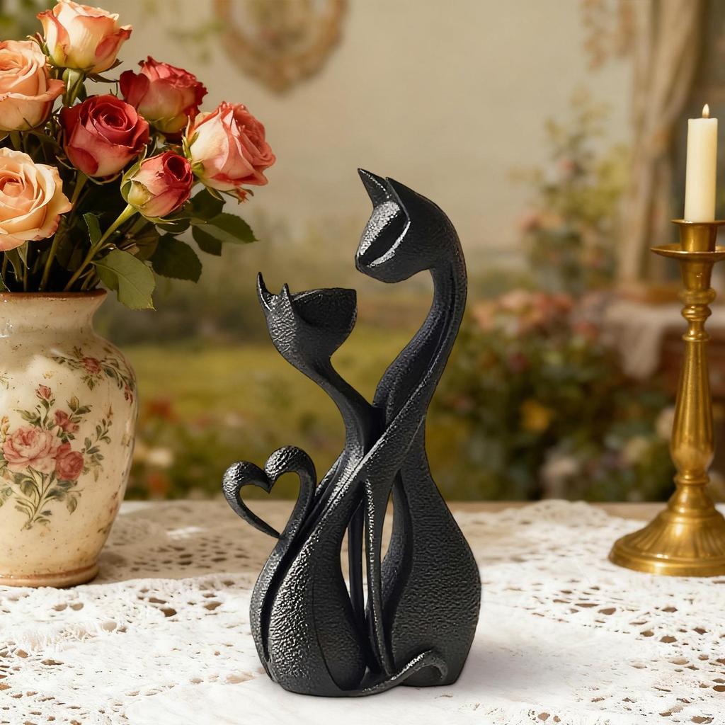 gold black Loving Couple Cats Kiss Dating Statue Couple Cats Statue Retro Heart Elements Animal Room Decoration Cat Sculpture