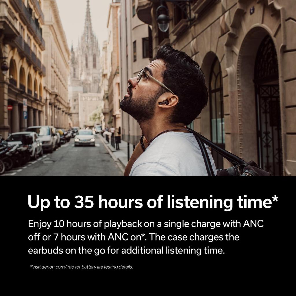 Denon AHC840NCW In-Ear Headphones with Active Noise Cancellation, USB-C Charging Case, Wireless Charging, 12mm Free-Edge Biocellulose Drivers, Black (