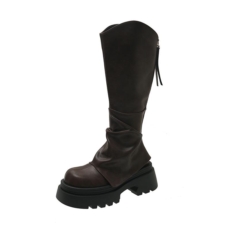 

European high boots women s spring and autumn 2025 new but knee retro pleated thick-soled knight trouser boots 40