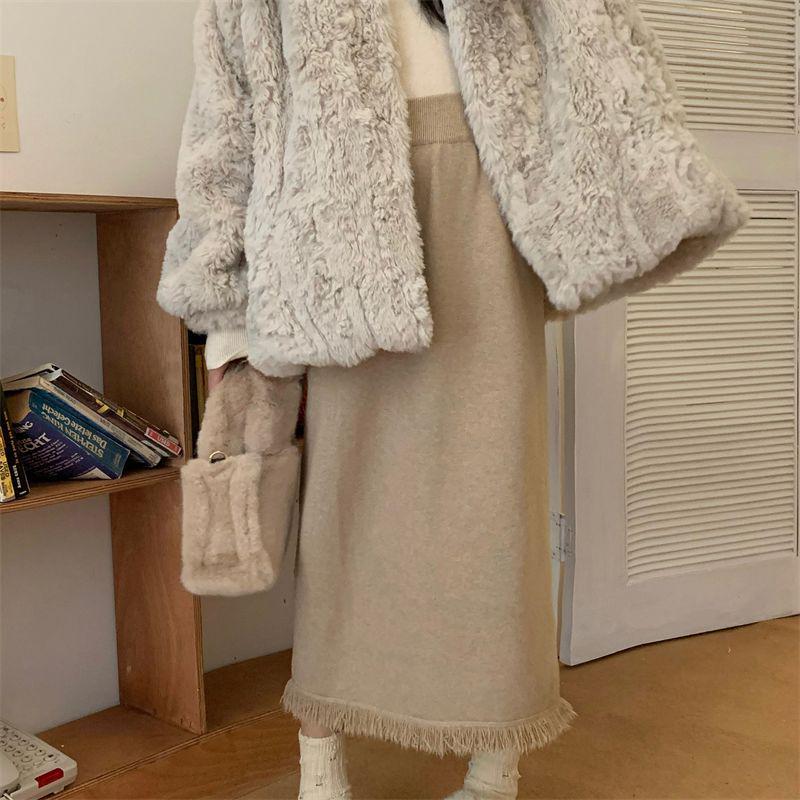 Tassel Knit Over-Knee High Waist Slim Wool Skirt with Matching Sweater
