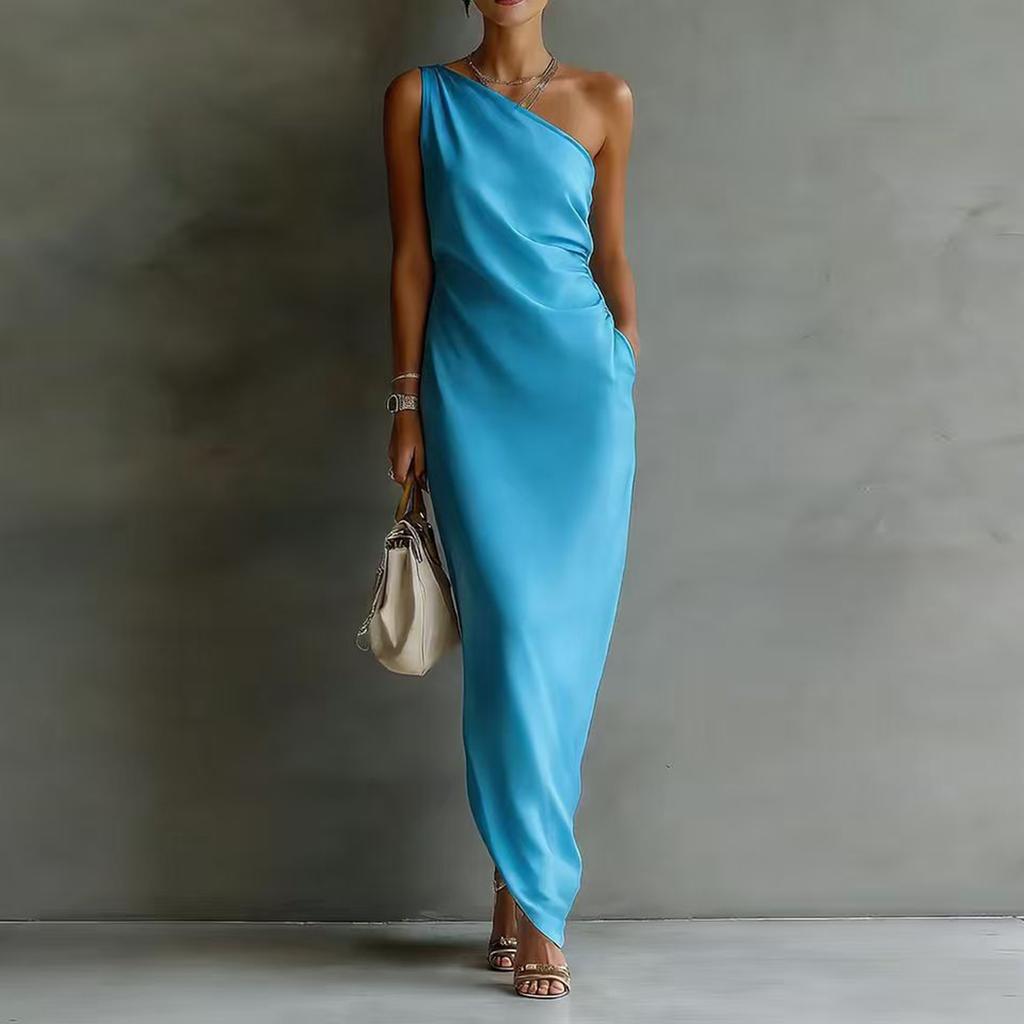 One Shoulder Long Dress for Women Satin Maxi Gown Asymmetrical Hem Elegant Sleeveless Formal Evening Party Wear