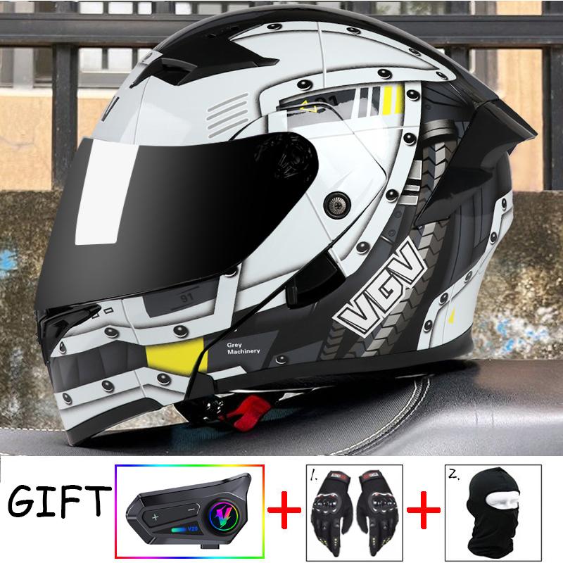 VGV Double Lens flip up helmet Openable motorcycle helmet come with wireless headset gloves headgear Value Promotional Packages