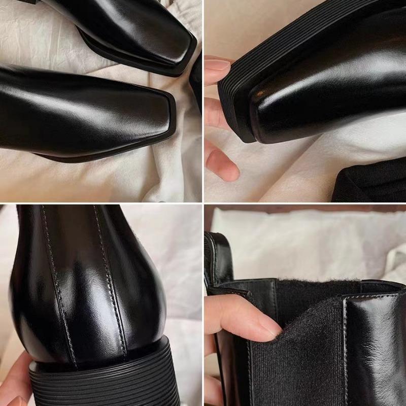 Cowhide Square Head Platform Sole Chelsea Boots Women's Leather Coarse Heel Martin Boots Short Boots Skinny Boots