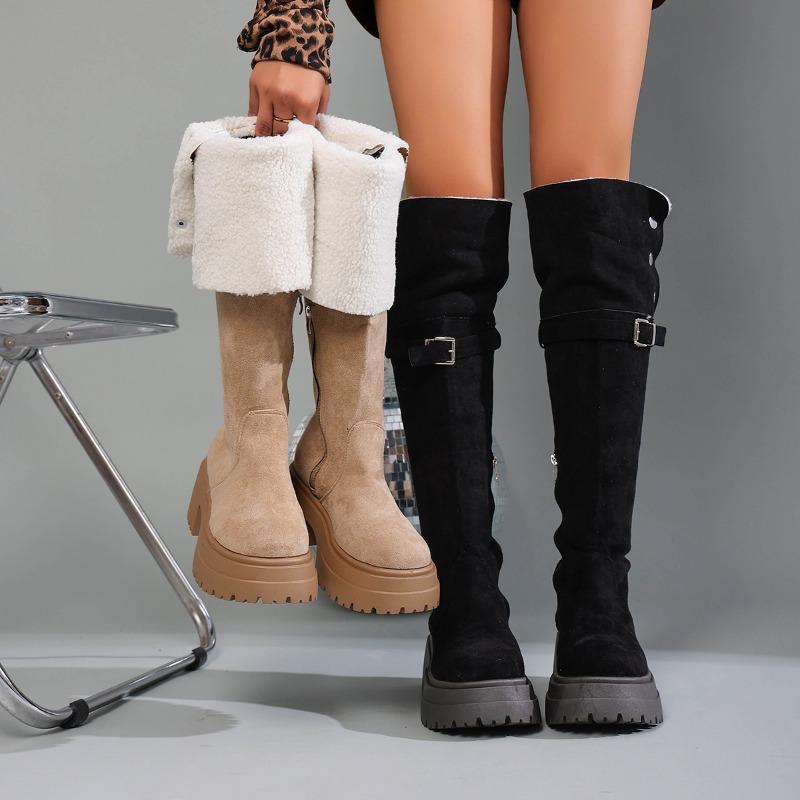 Shoes for Women Buckle Strap Women's Boots Retro Casual Knee-High Women's Boots Cotton Mouth Thick Bottom Shoes Ladies