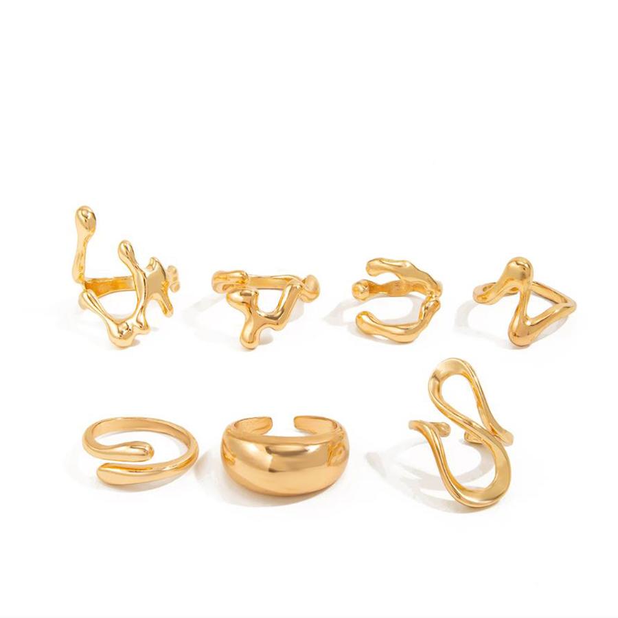 Salircon 7Pcs/Set Trendy Unique Irregular Smooth Ring Women Punk Geometric Gold Color Lava Open Ring Couple Wed Accessories Gift