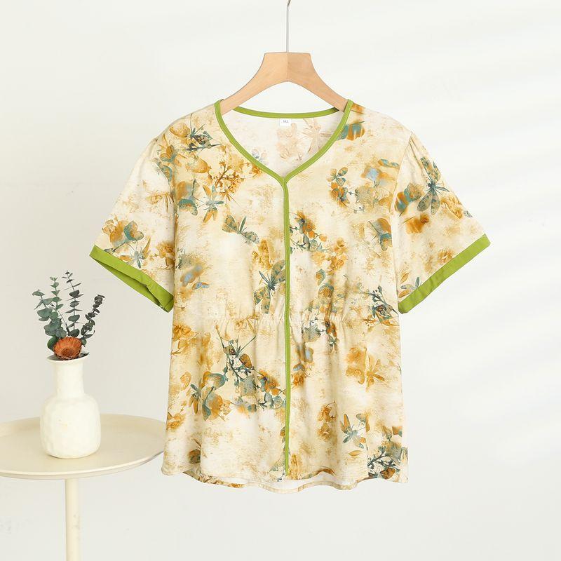 

Middle-aged Women Dress V-neck Short sleeve Top Women Summer Thin Bourette Shirt Can Be Worn outside Loose Artificial Cotton Floral Base Dragonfly 3XL((Recommendation 45.00 kg-65.00 kg)