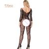 Lollipops Embroidery Hollow Mesh Crotchless Women Bodystocking Sexy See-through Bodysuit
