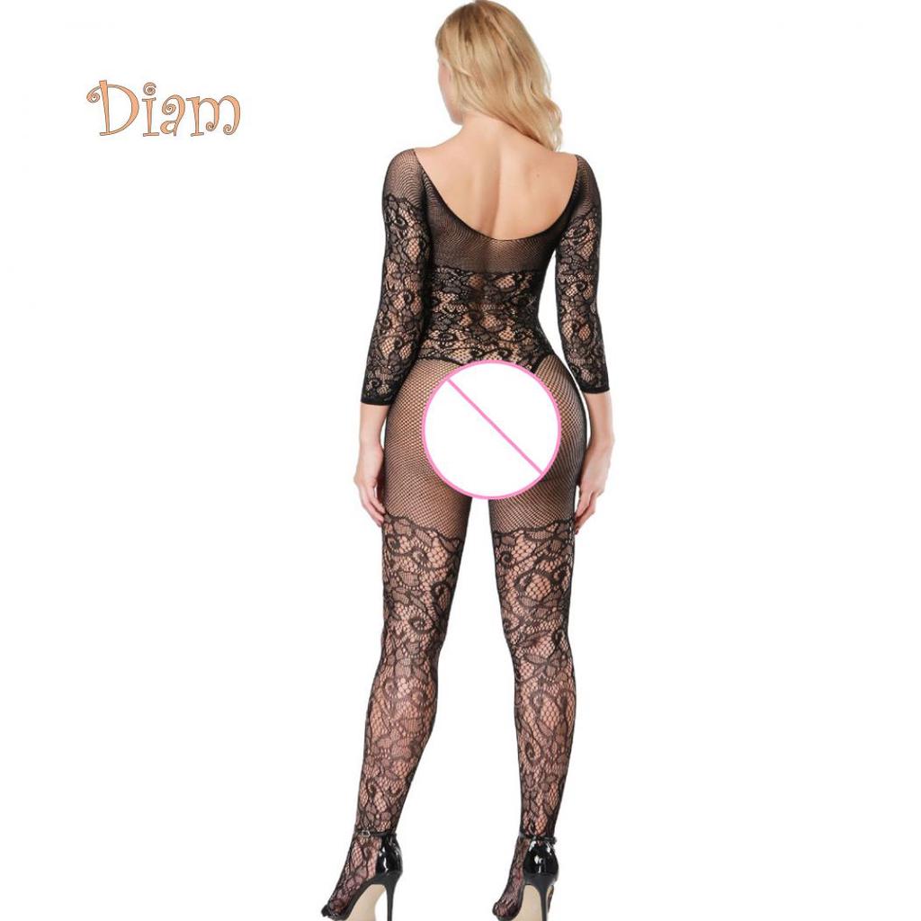 Lollipops Embroidery Hollow Mesh Crotchless Women Bodystocking Sexy See-through Bodysuit
