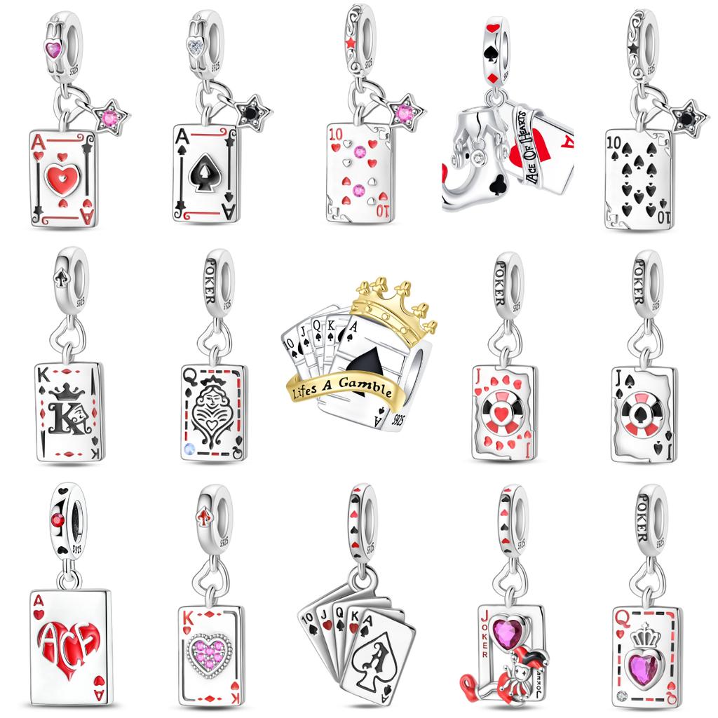 Authentic Original Copper Metal Playing Cards Charm Bead Components Poker Joker Hearts Spades Crown Bead Component Pendant Bead Component Compatible