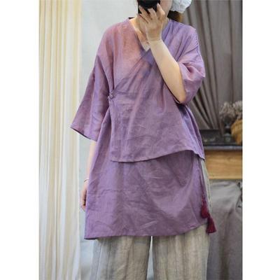 Dames Lente Vintage Chinese Stijl Shirt Patchwork Halve Mouw Effen Kleur Shirt