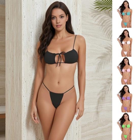 Zestaw 2 szt./zestaw Damski zestaw bikini Seksowny wycięty split Sznurki Koronkowy wzór Biustonosz Wysoka elastyczność Niskie majtki kąpielowe Zestaw Szybkoschnący Wszechstronny strój kąpielowy