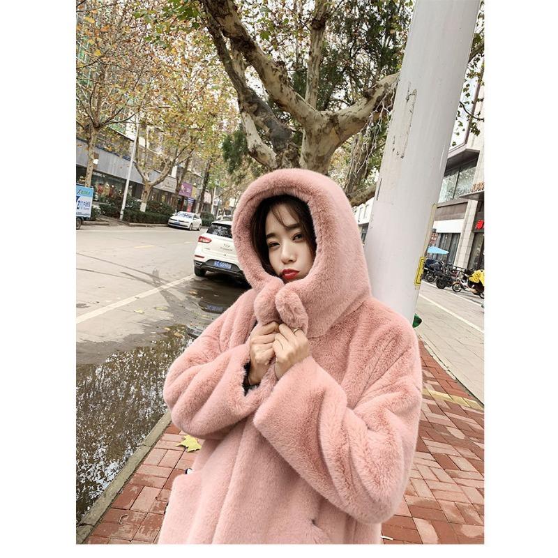 Autumn and Winter Thickened Imitation Rabbit Fur Long Hooded Loose Knee Jacket Women's Plush Coat Imitation Fur