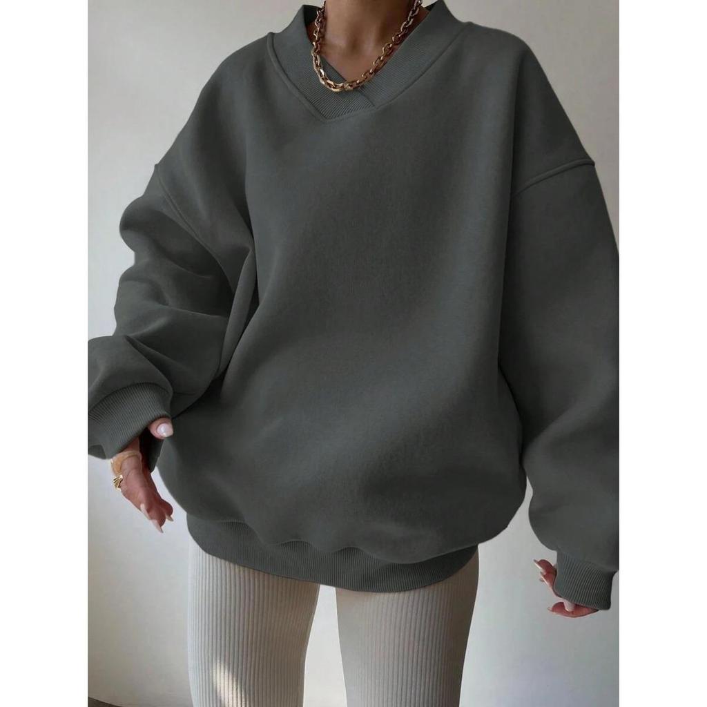 Women'S Casual V-Neck Sweatshirt -Soft Pink Loose Fit Long Sleeve Pullover, All-Season Comfort,  Relaxed Fit for Casual Attire, Ladies Sweatshirts