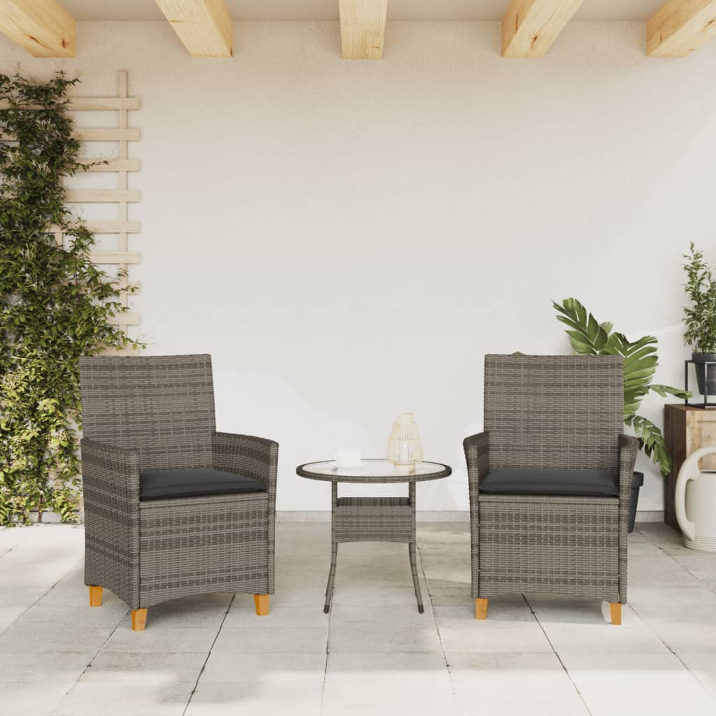 Garden Chairs with Cushions 2 pcs Grey Poly Rattan Solid Wood