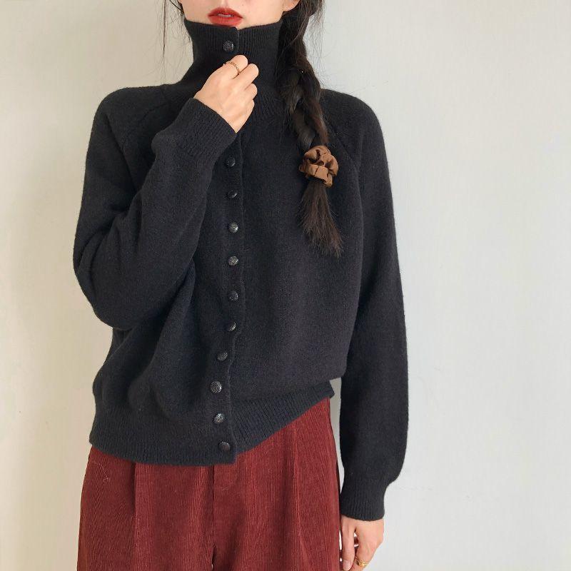 Soft Comfortable High Neck Sweater Cardigan Women Simple Single Breasted Cardigans Coat Autumn Solid Knitted Outerwear Lady