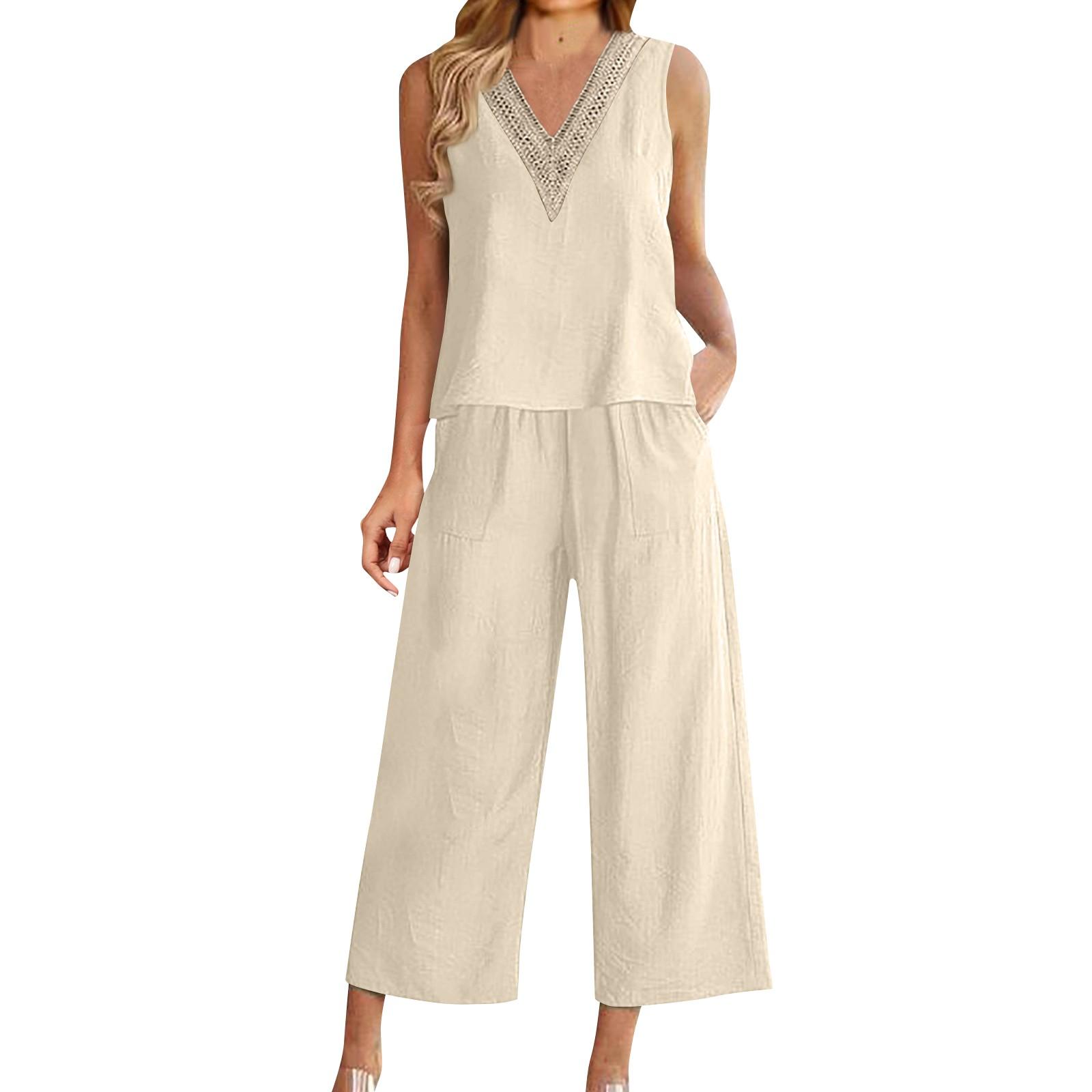 

Женский летний комплект из хлопка и льна с v-образным вырезом, повседневный однотонный тонкий жилет и укороченные брюки M бежевый