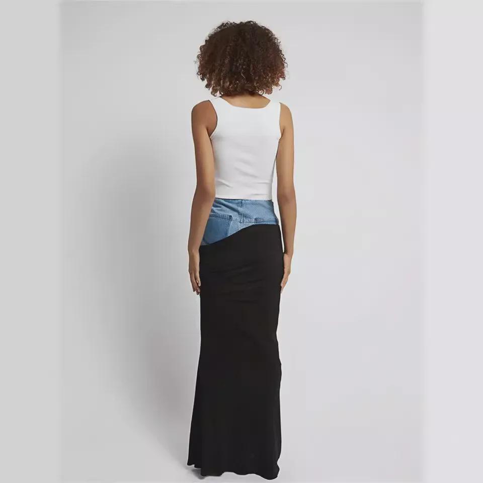 Modern Deconstructed High-Waist Black Pleated Denim Skirt with Spliced Design for Women