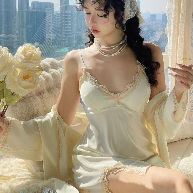 Sexy pajamas women's ice silk thin style with chest pad pure desire wind suspender nightdress two-piece set new loungewear