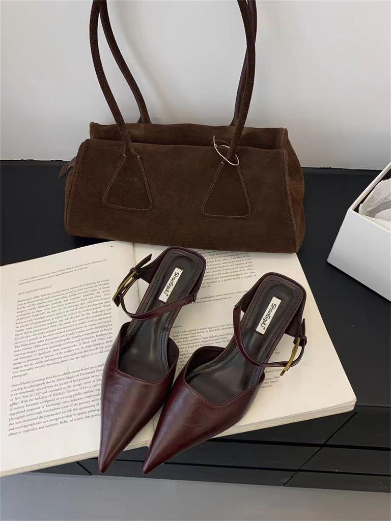 2025 spring and summer sandals soft leather pointed head low heel women's shoes cat heel shoes muller shoes outer wear bag head half drag women's co