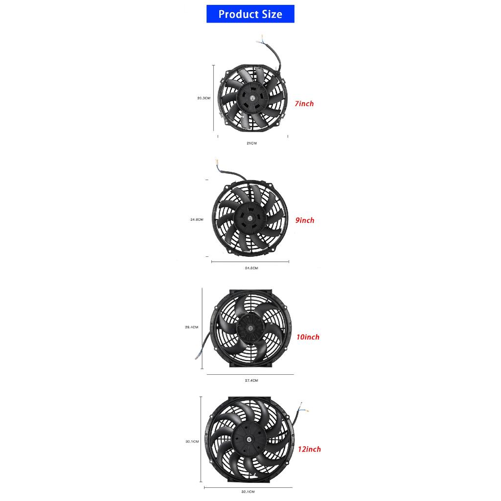 7/9/10/12 Inch Universal Slim Fan Push Pull Electric Radiator Fan Air-Sucking Type Cooling & Mounting Kit 12V 80W 2100RPM