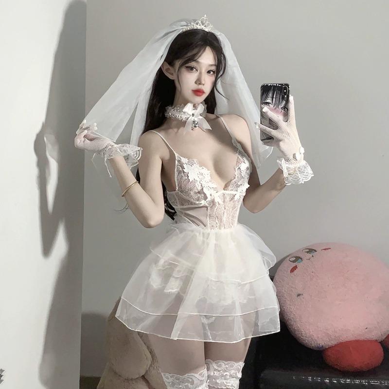 New Deep V Hollow Underwear Lace Mesh Perspective Sexy Temptation Low-cut Onesie Women's Pajamas Set