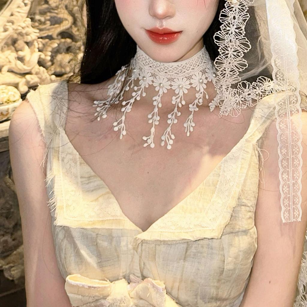 Pure Desire Wind White Lace Flower Tassel Necklace Vintage Court Wind Pearl Neck Strap Sweet Lolita Collarbone Chain