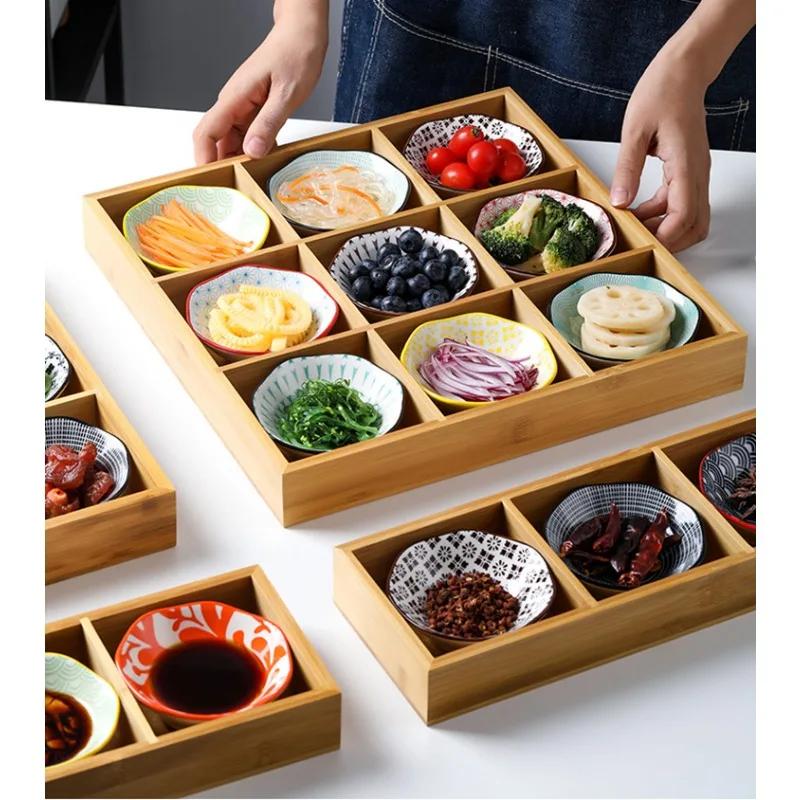Creative Nine-square Grid Tray Hot Pot Side Dish Plate Divider Tray Bamboo Snack PlatePlatter Wooden Box Saucer Tray